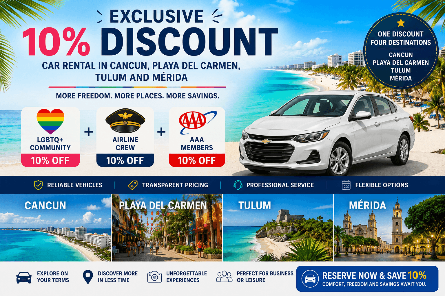 Exclusive 10% Discounts for LGBTQ+ Travelers, Airline Crew & AAA Members in Cancun, Playa del Carmen, Tulum and Mérida