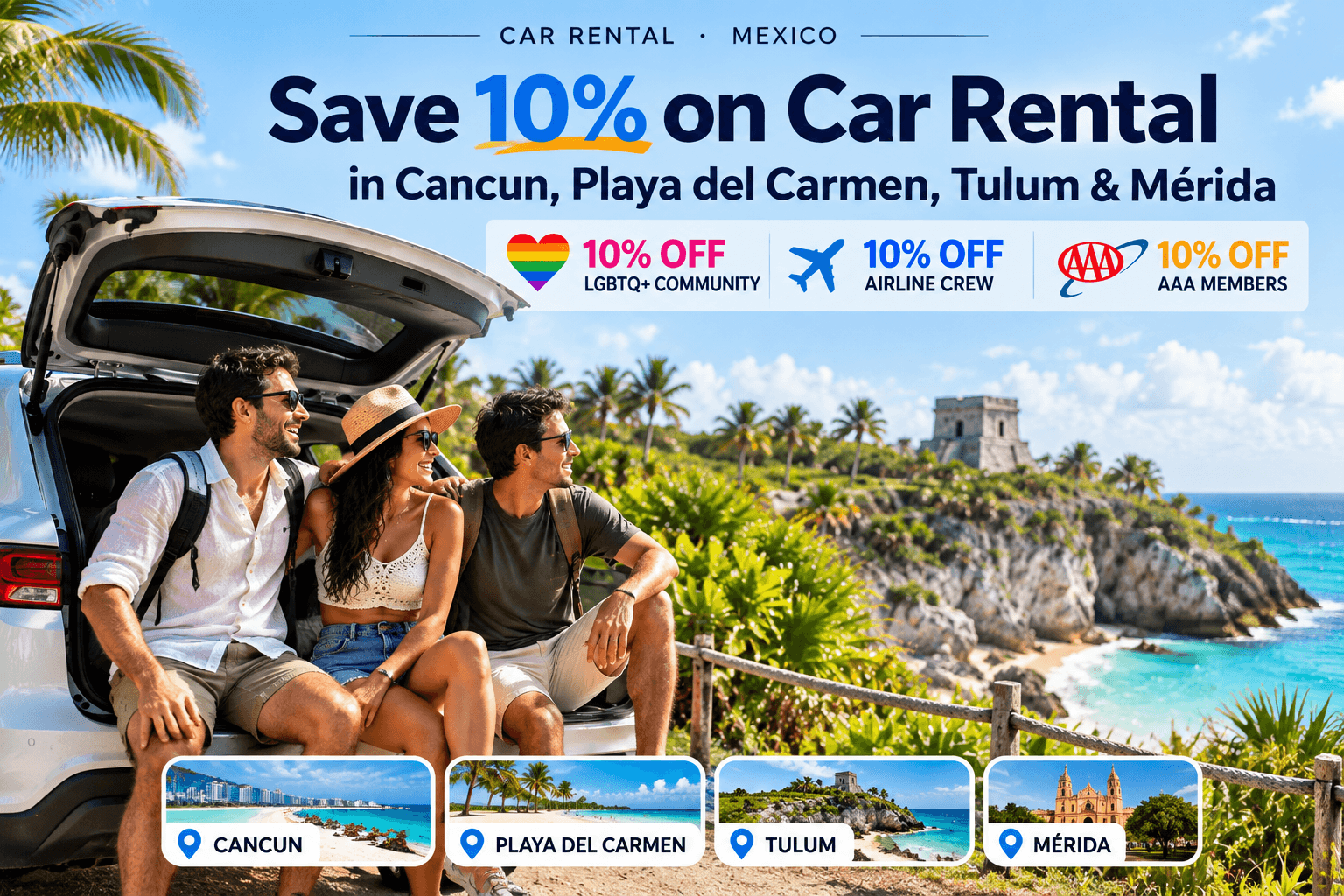 Car Rental Cancun Deals: 10% Off for LGBTQ+, Airline Crew & AAA Members